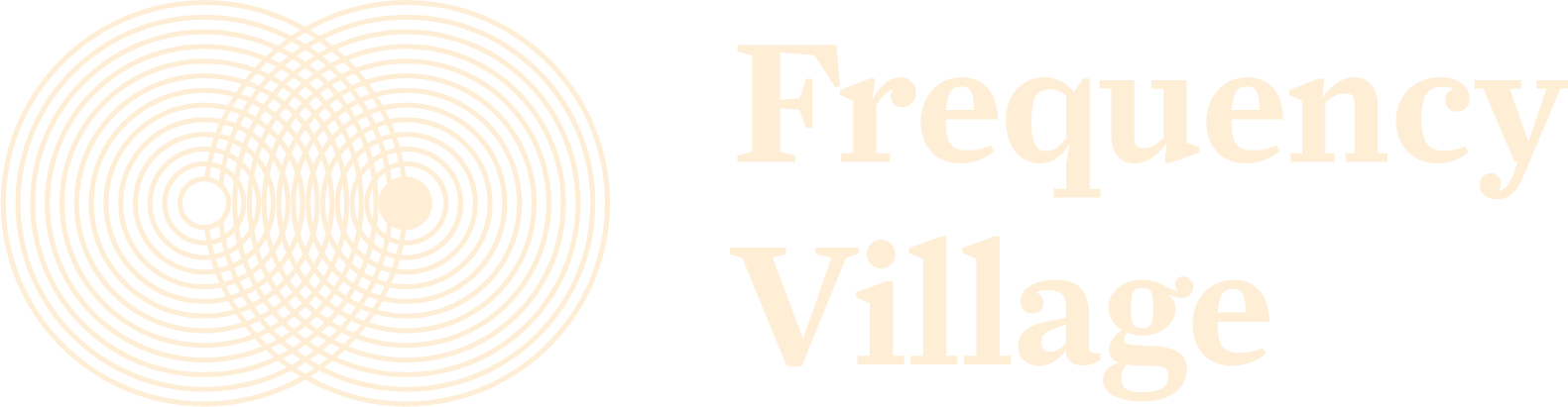 Frequency Village — two overlapping circular wave fields beside the wordmark, cream on deep purple.